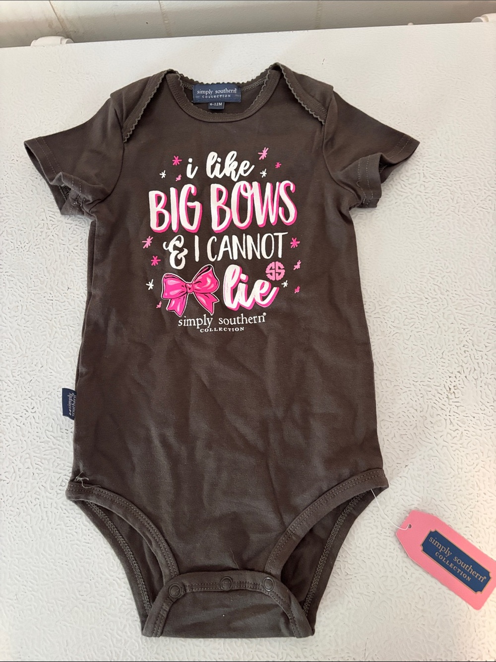 379 - Simply Southern Brown Baby One-Piece with Pink Bow Graphic - NEW